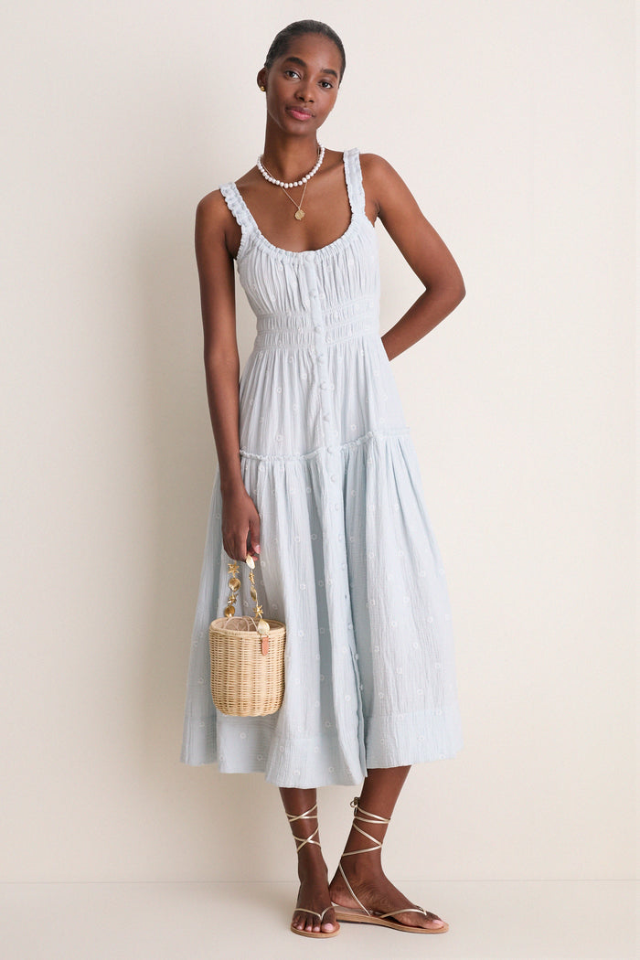 Blue Gauze Daisy Embroidered Landis Midi Dress