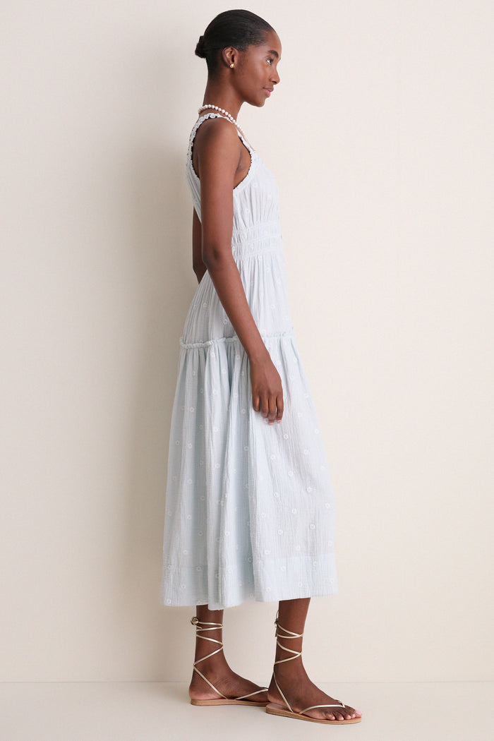 Blue Gauze Daisy Embroidered Landis Midi Dress