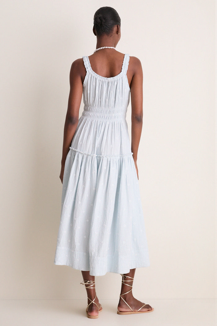 Blue Gauze Daisy Embroidered Landis Midi Dress