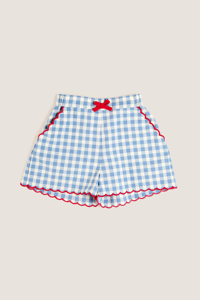 Blue Gingham Shorts with Red Trim