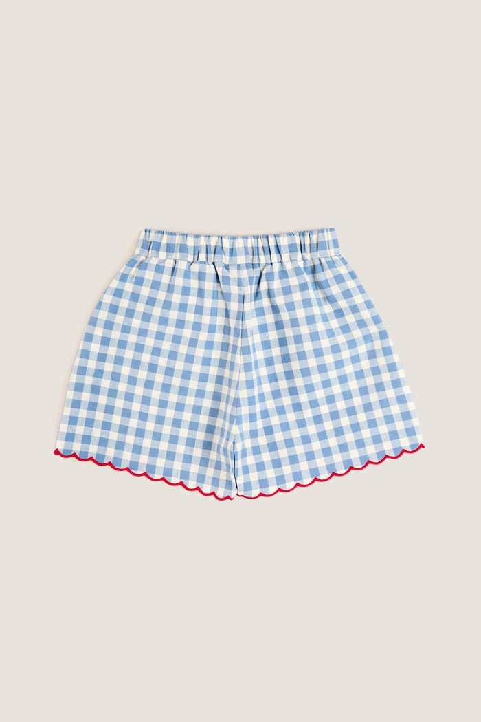 Blue Gingham Shorts with Red Trim