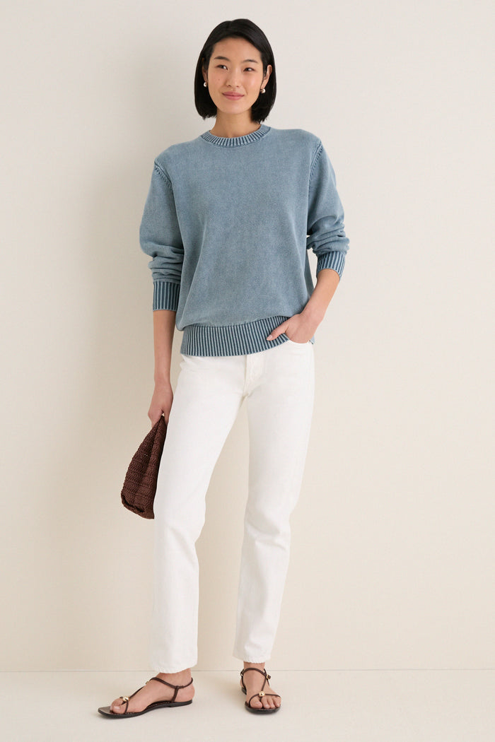 Blue Indigo Stone Washed Cotton Anne Crewneck Sweater