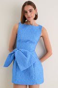 Blue Jacquard Briallen Bow Mini Dress: classic, effortless mini dress with a high boat neckline, oversized bow, and flared skirt, embodying fun, high-end elegance.