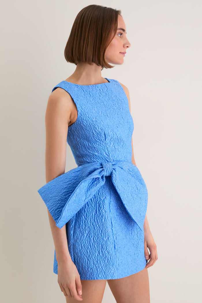 Young woman models the Blue Jacquard Briallen Bow Mini Dress, featuring a classic boat neckline, sleeveless design, and an oversized bow, exuding effortless, high-end elegance.