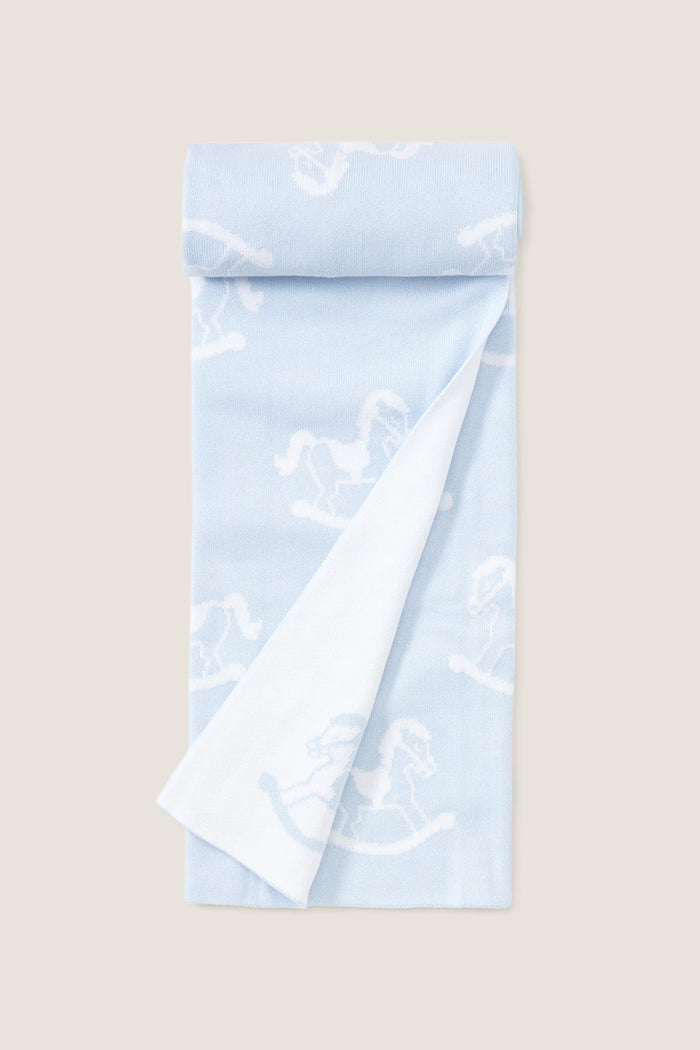 Blue Rocker Knit Blanket with a classic rocking-horse pattern, effortlessly combining fun and high-end comfort for your little one, crafted from ultra-soft 100% cotton.