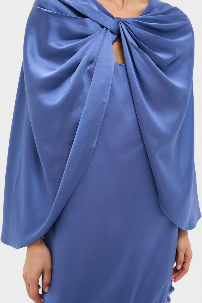 Blue Satin Mountbatten Cape featuring a classic, effortless knot design at the chest, perfect for fun, high-end holiday celebrations.
