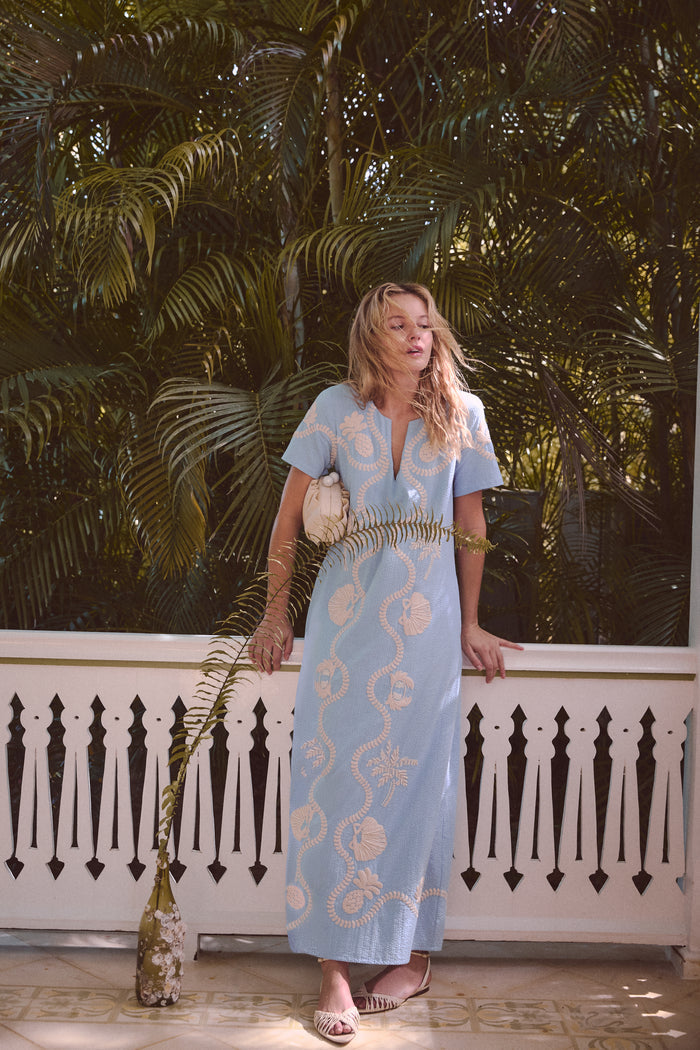 Blue Seersucker Embroidered James Dress