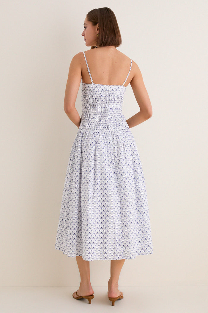 Blue & White Ditsy Tile Smocked Keeley Maxi Dress