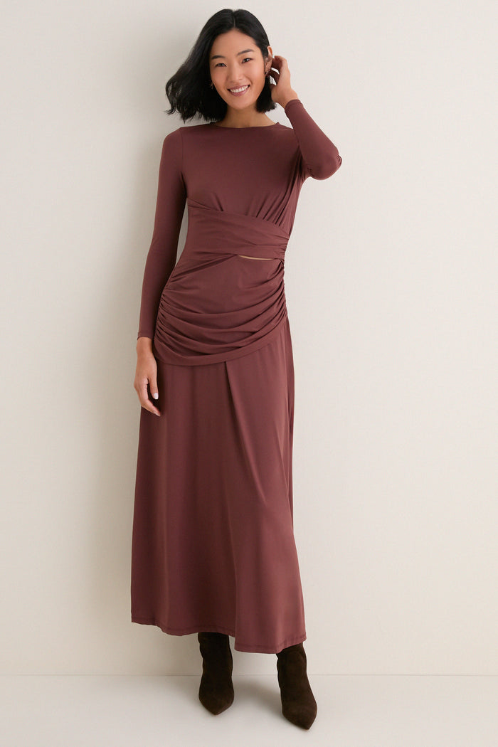 Brown Draped Long Sleeve Maxi Dress