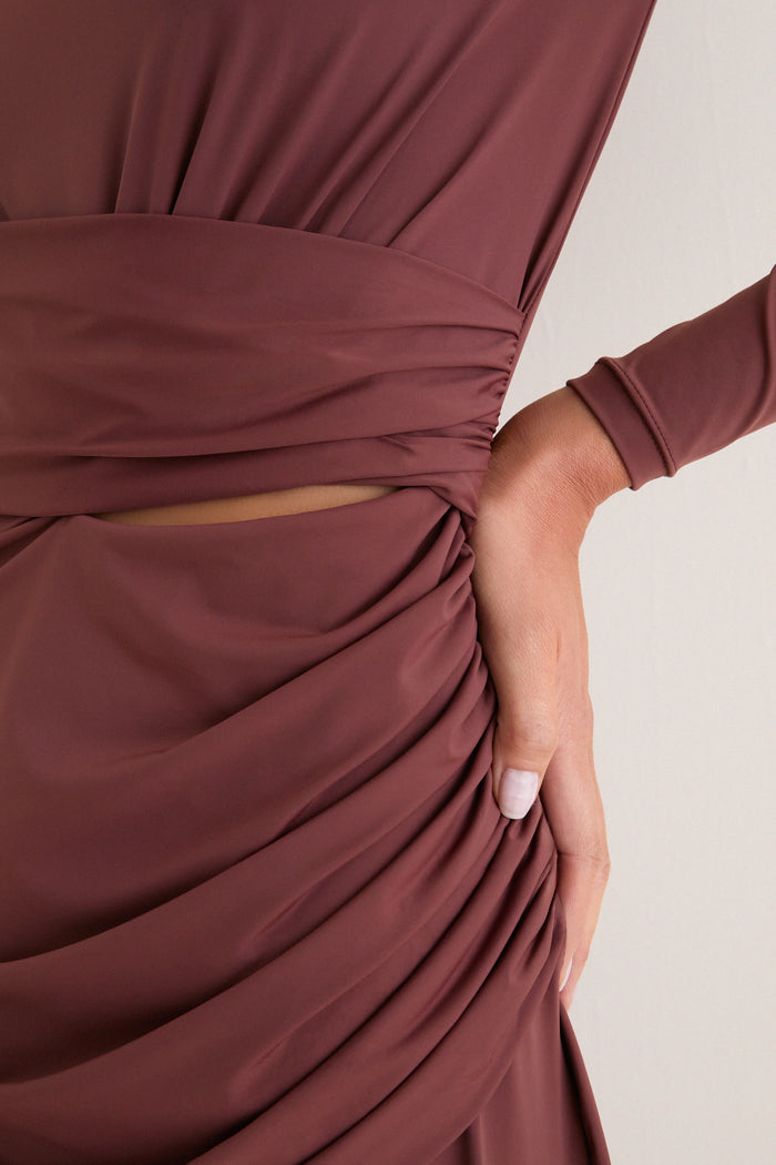 Brown Draped Long Sleeve Maxi Dress
