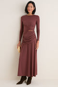 Brown Draped Long Sleeve Maxi Dress