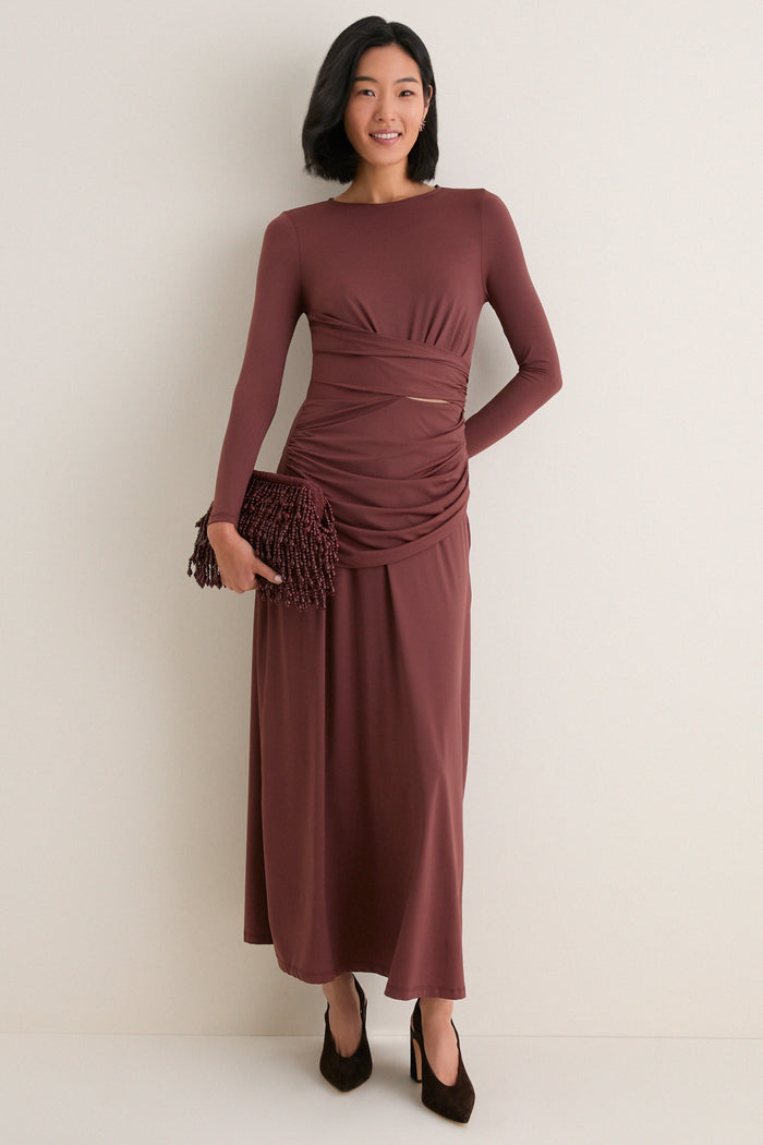 Brown Draped Long Sleeve Maxi Dress
