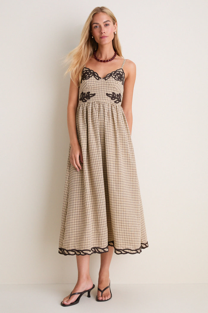 Brown Multi Embroidered Plaid Midi Dress