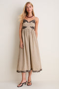 Brown Multi Embroidered Plaid Midi Dress