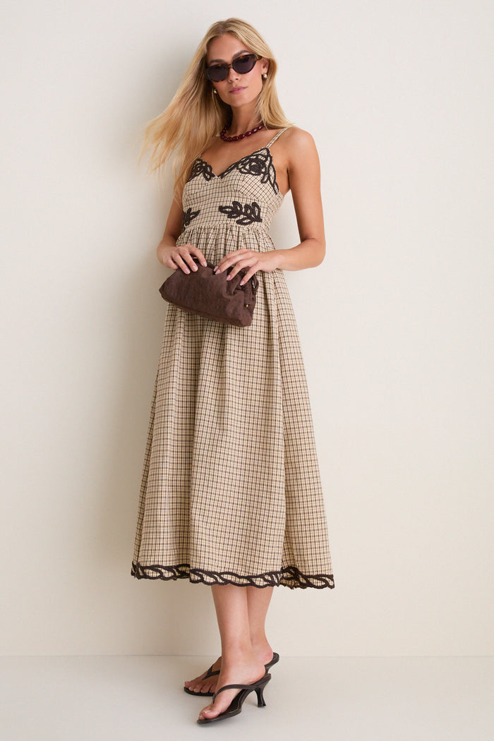 Brown Multi Embroidered Plaid Midi Dress