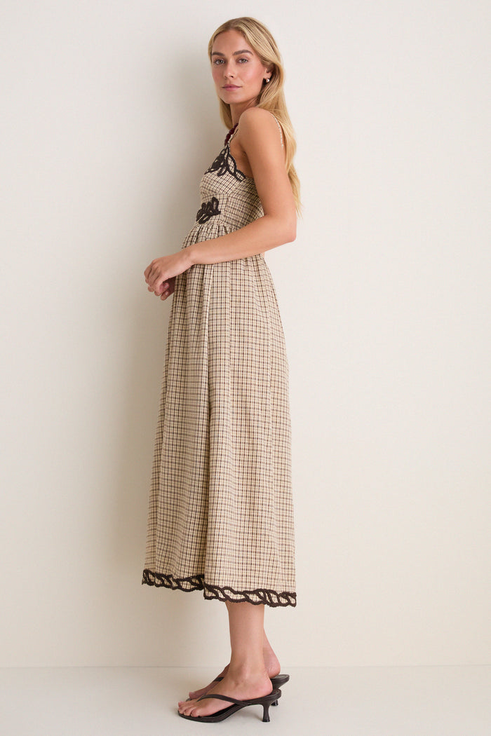 Brown Multi Embroidered Plaid Midi Dress