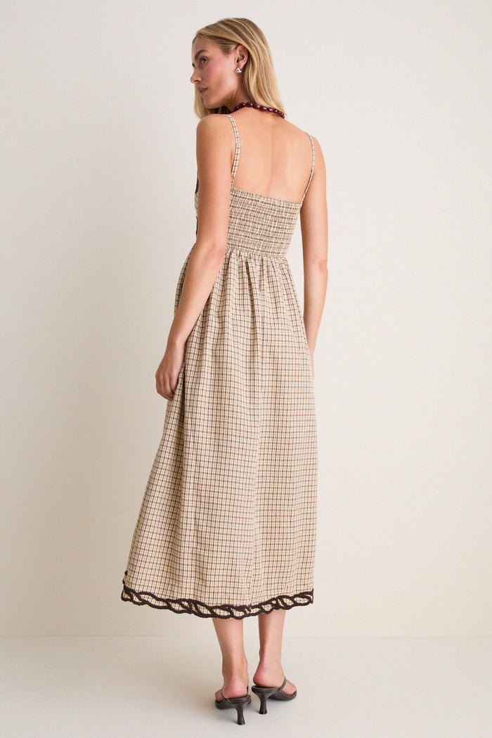 Brown Multi Embroidered Plaid Midi Dress
