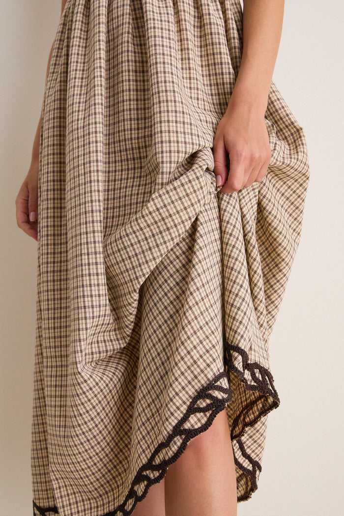 Brown Multi Embroidered Plaid Midi Dress