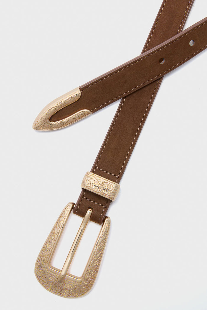 Brown Suede and Gold Phoenix Belt: Classic western-inspired accessory with ornate gold-tone buckle, scroll-engraved accents, and adjustable length for effortless, high-end style. Fun, chic addition to any outfit.