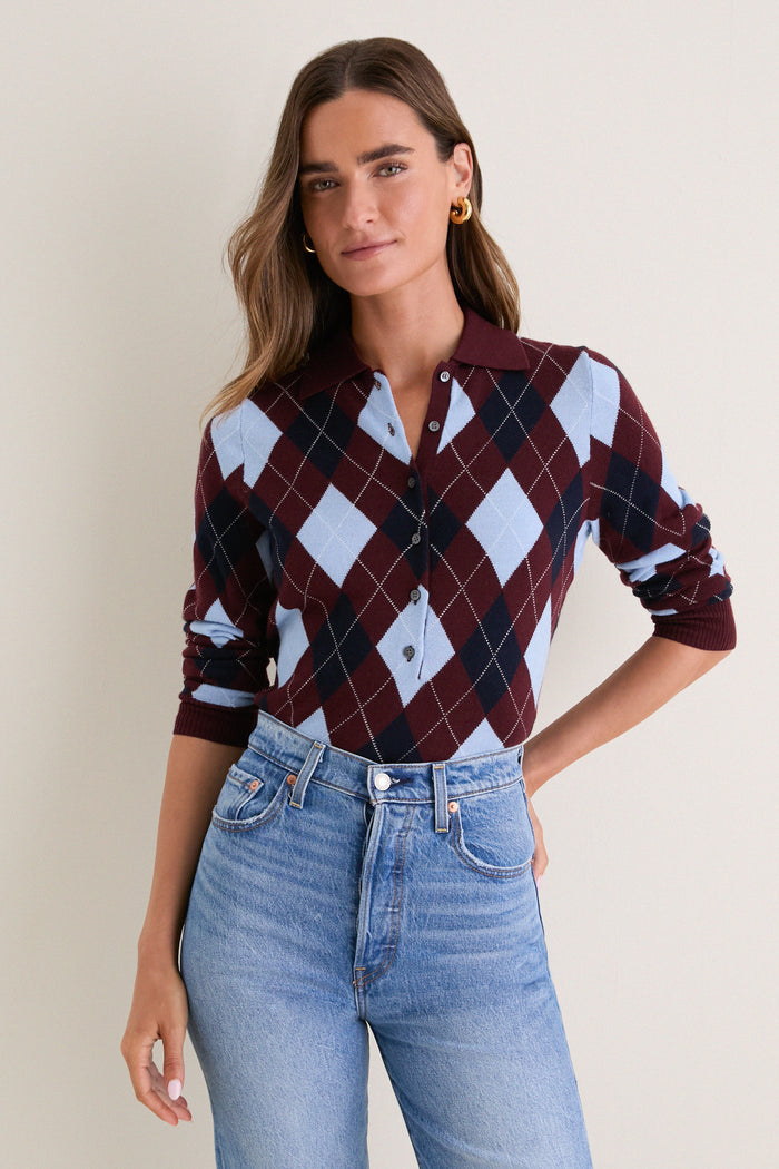 Burgundy Argyle Long Placket Polo
