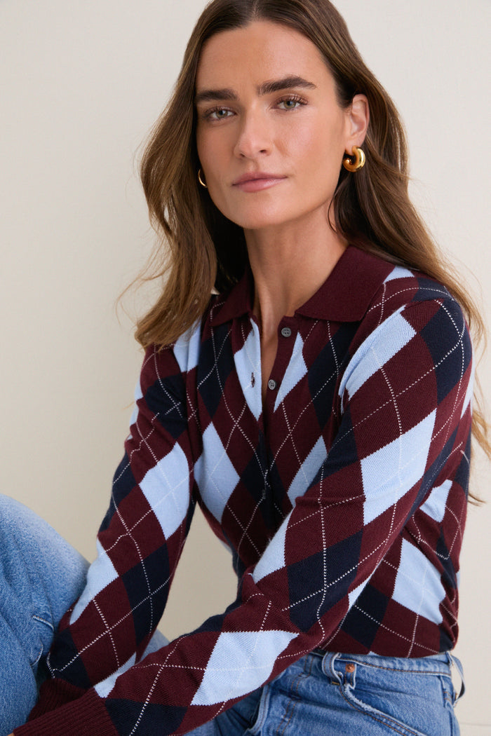 Burgundy Argyle Long Placket Polo