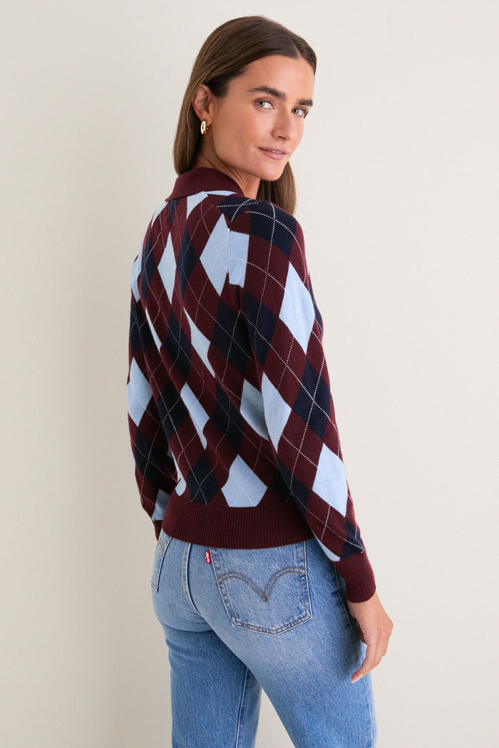 Burgundy Argyle Long Placket Polo
