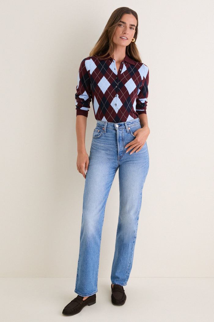 Burgundy Argyle Long Placket Polo
