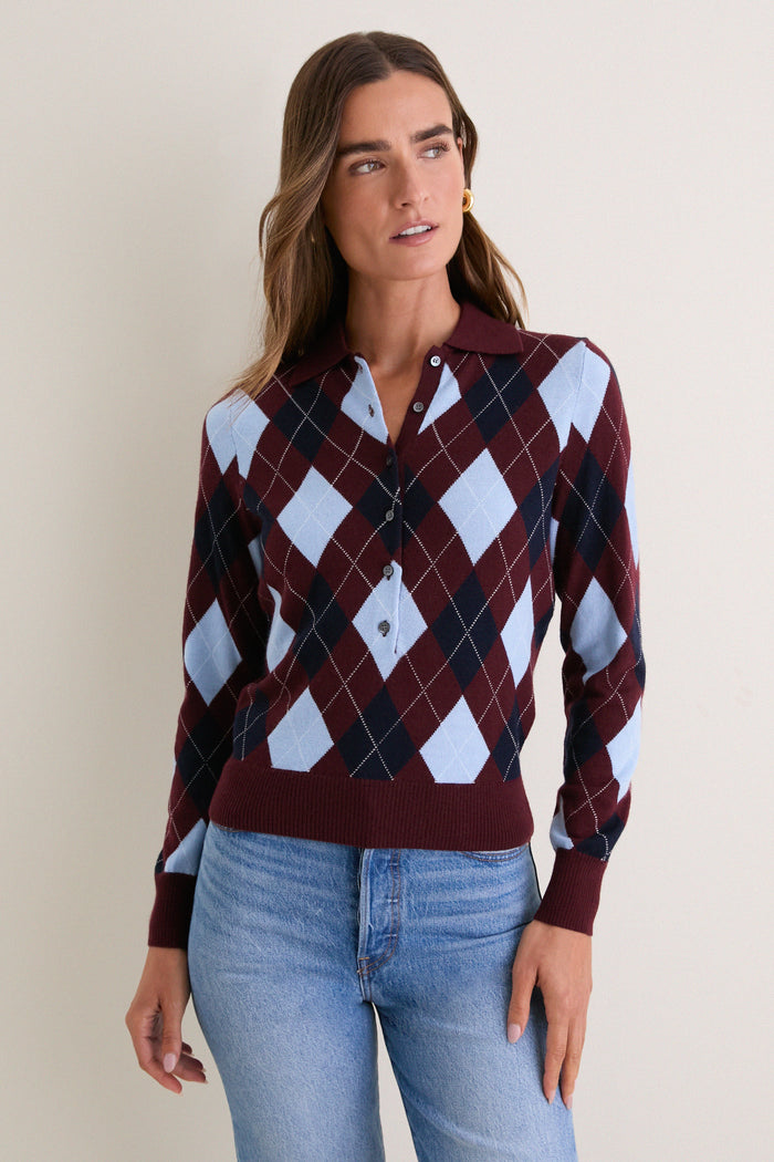 Burgundy Argyle Long Placket Polo