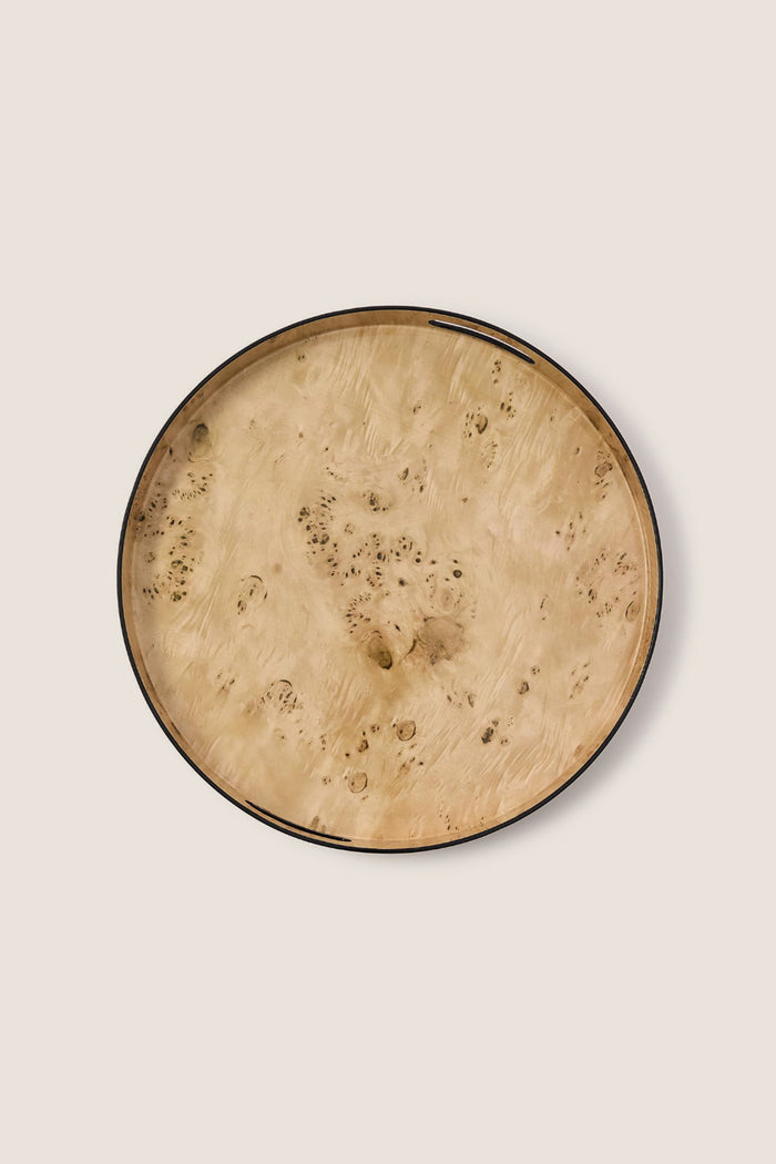 Classic burled wood pattern round tray set of 3, featuring effortless style with dark rim and handle cut-outs, perfect for high-end, fun home decor.