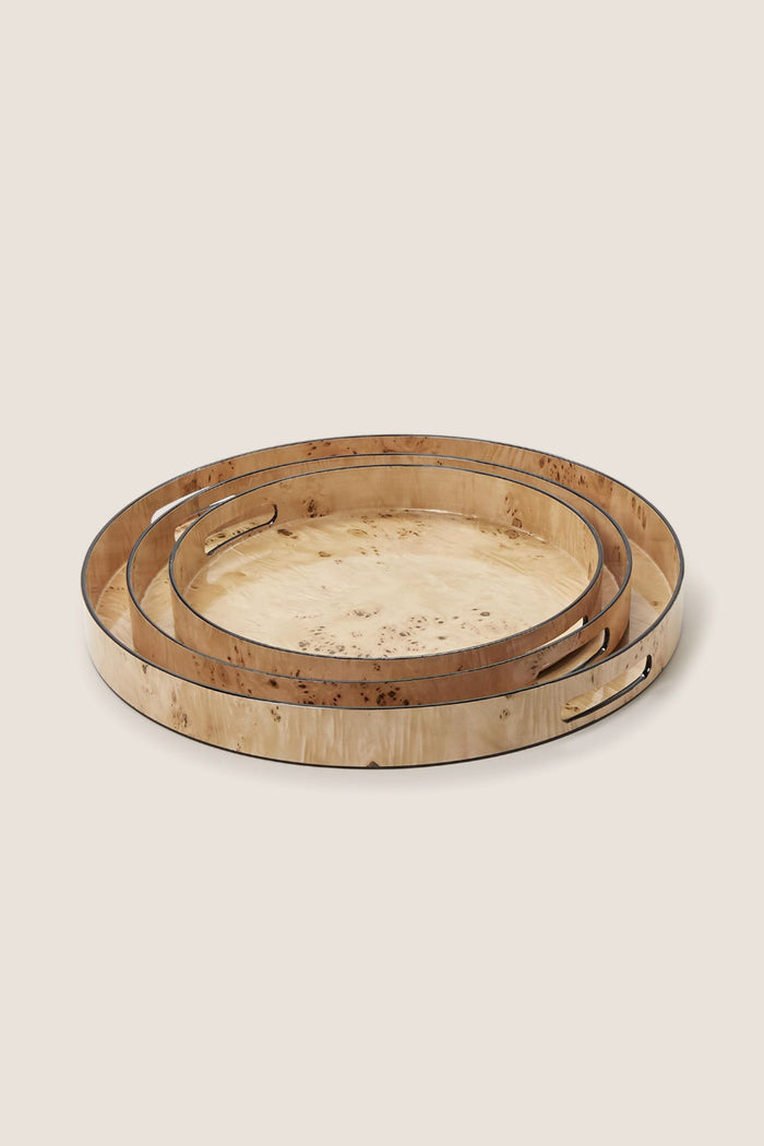 Burled Wood Pattern Round Tray (Set of 3) features classic, effortless design with intricate wood detailing and metal rims, perfect for high-end, fun home styling.