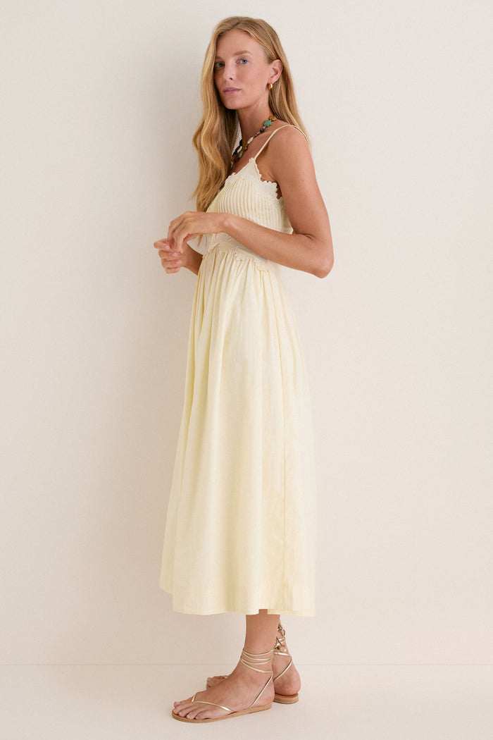 Butter Yellow Embroidered Cotton Midi Dress