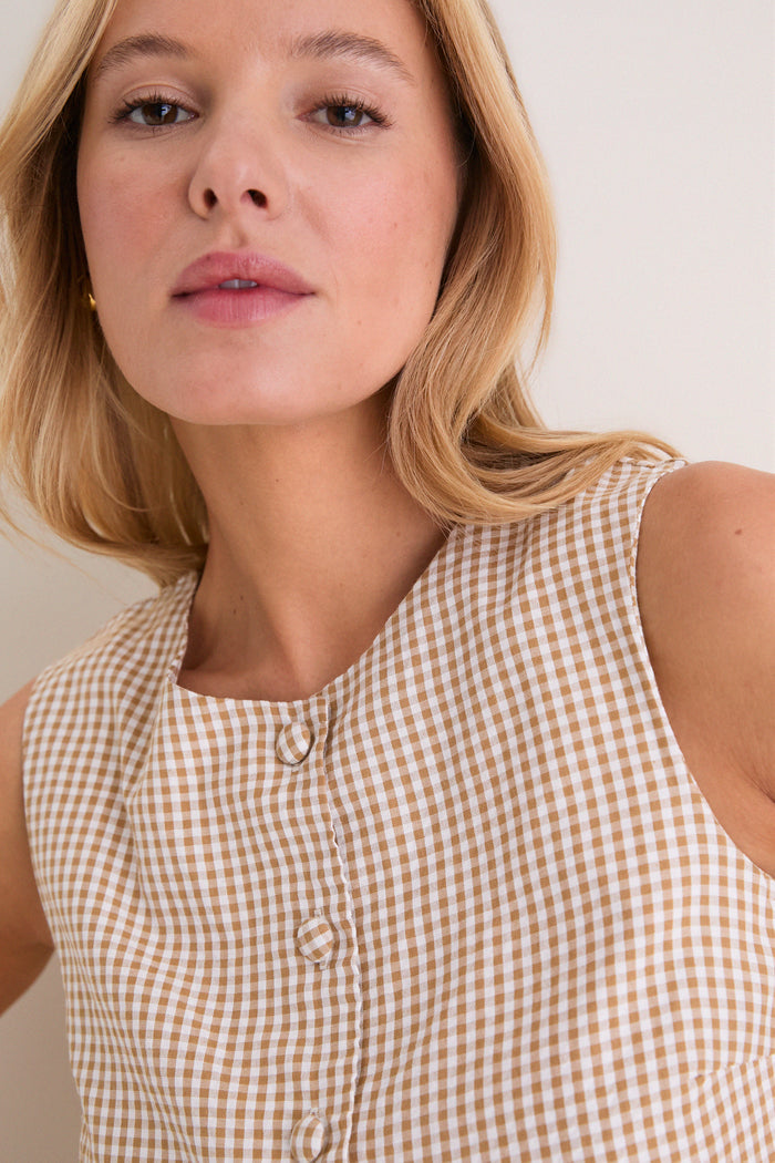 Cafe Check Button Front Wide Hem Top