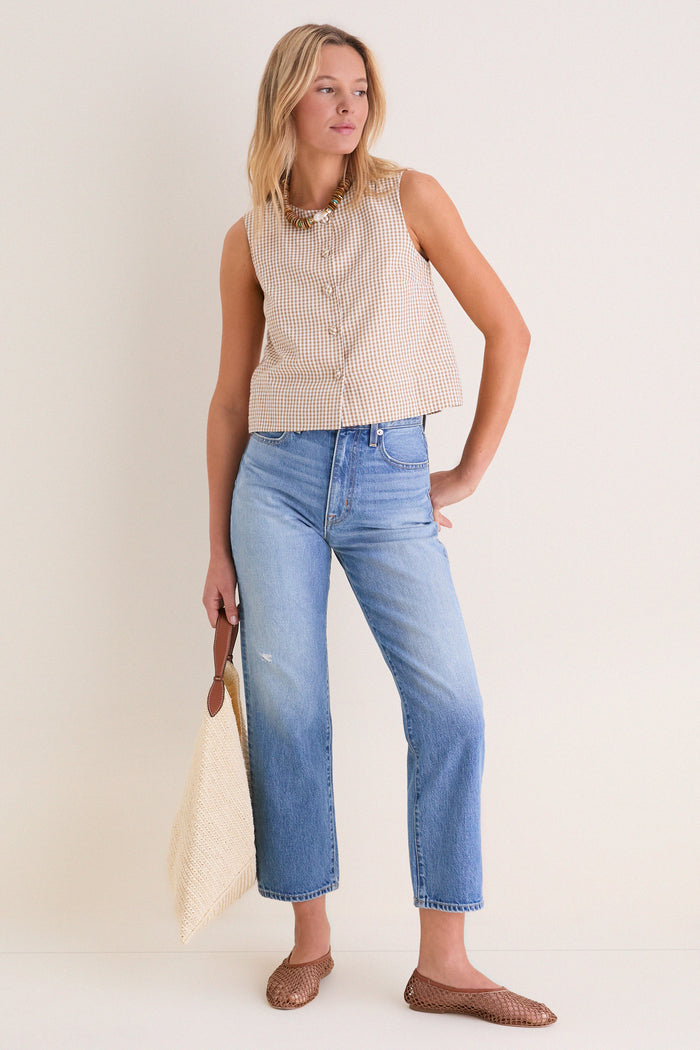 Cafe Check Button Front Wide Hem Top