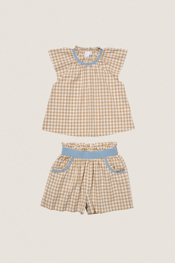 Camel Check Cecil Short Set: Classic gingham top and shorts, effortlessly chic with sky-blue accents. This fun, high-end outfit embodies easy, all-day comfort and style.