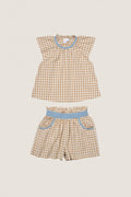 Camel Check Cecil Short Set: Classic gingham top and shorts, effortlessly chic with sky-blue accents. This fun, high-end outfit embodies easy, all-day comfort and style.