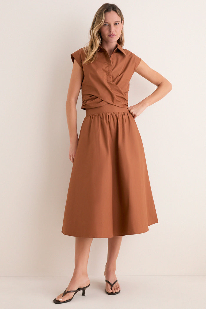 Camel Eloise Wrap Front Extended Shoulder Poplin Top