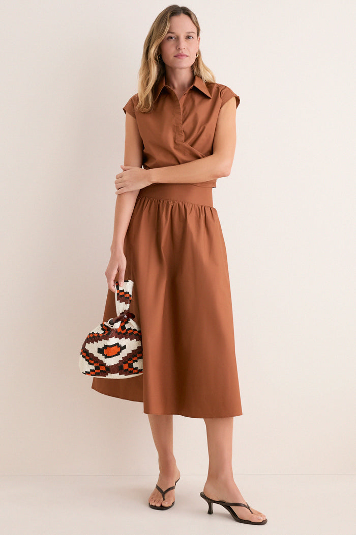 Camel Etienne Smocked Waist Gathered Midi Skirt