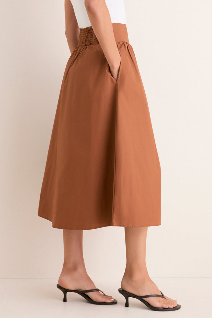 Camel Etienne Smocked Waist Gathered Midi Skirt
