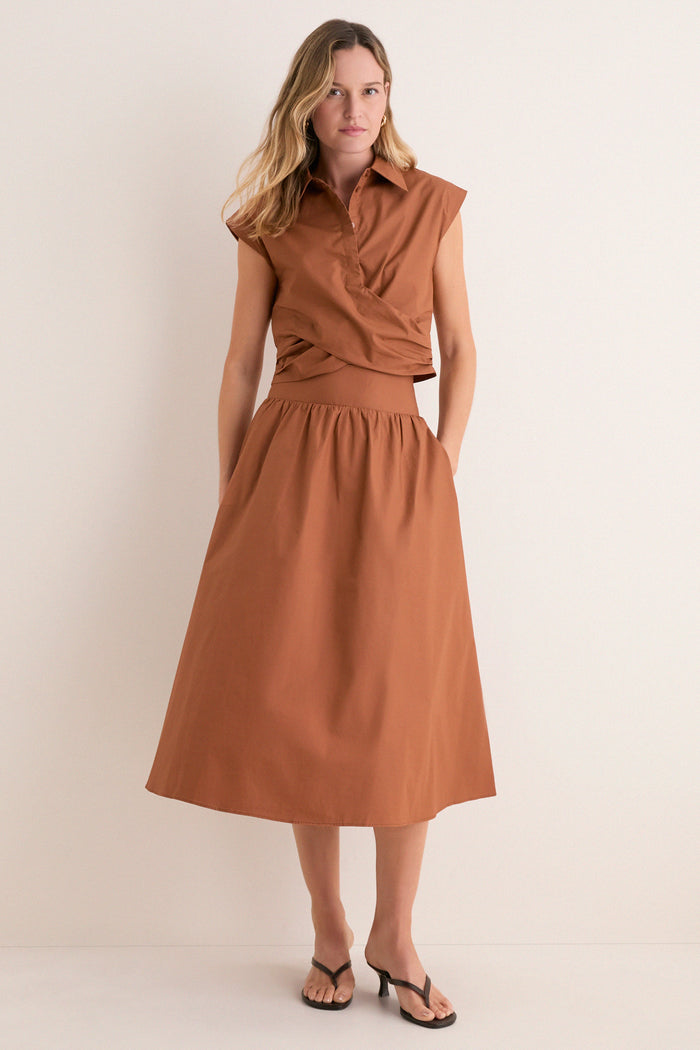 Camel Etienne Smocked Waist Gathered Midi Skirt
