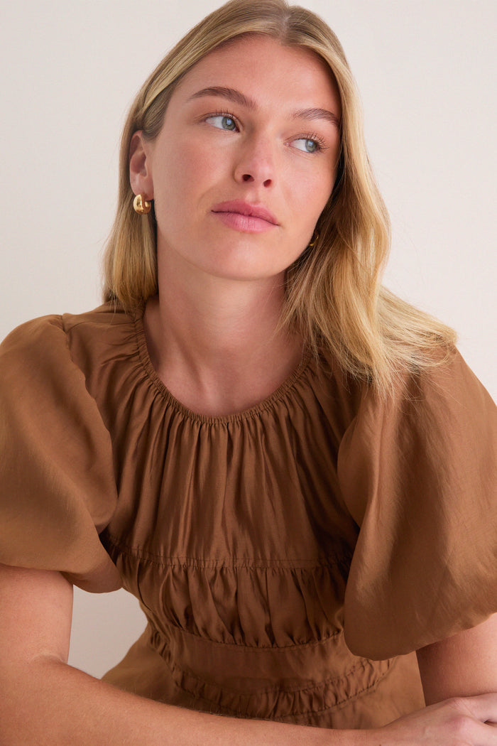 Camel Puff Sleeve Peplum Top