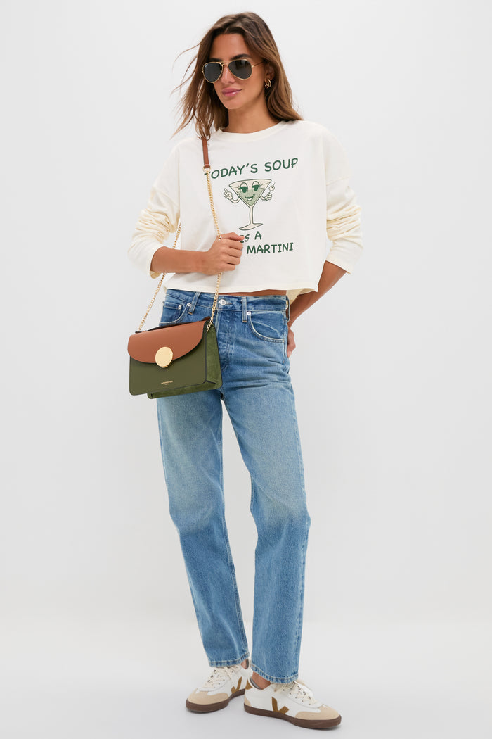 Classic and effortless, the Caramel and Military Green Ondina Medium Color-Block Bag features a fun, high-end design with a gold chain and leather strap.