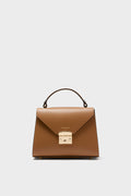 Caramel Peggy Top Handle Satchel Bag in tan leather with gold-tone hardware, offering a classic, high-end look. Features include a detachable strap and multiple pockets.