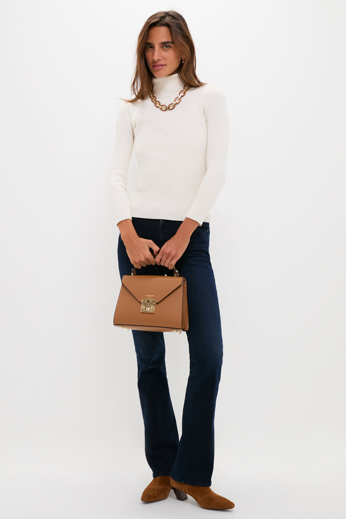 Caramel Peggy Top Handle Satchel Bag with gold-tone clasp, embodying classic, high-end style. Effortless and fun accessory, perfect for any occasion.