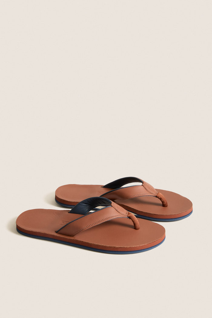 Cask Clipper Waterproof Leather Sandal: Classic men's flip-flops with tan-brown footbeds, memory foam-cushioned straps, and arch support for an effortless, high-end, and fun summer experience.