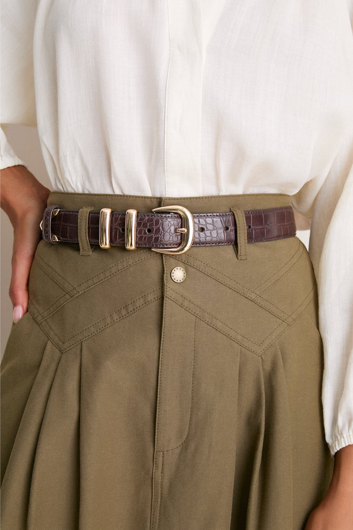 Chocolate Croc-Embossed Western Belt