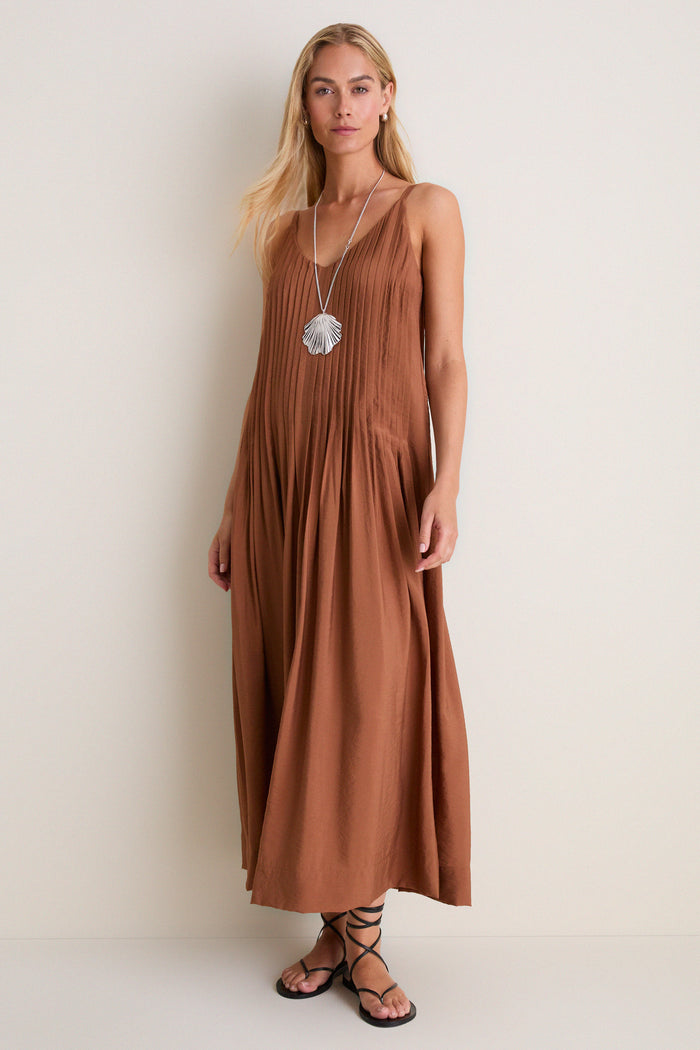 Chocolate V Neck Pleated Front Detail Maxi Dress