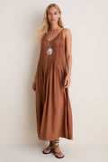 Chocolate V Neck Pleated Front Detail Maxi Dress