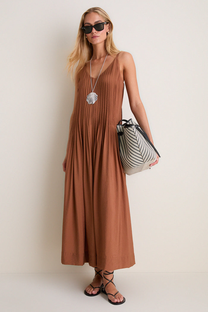 Chocolate V Neck Pleated Front Detail Maxi Dress