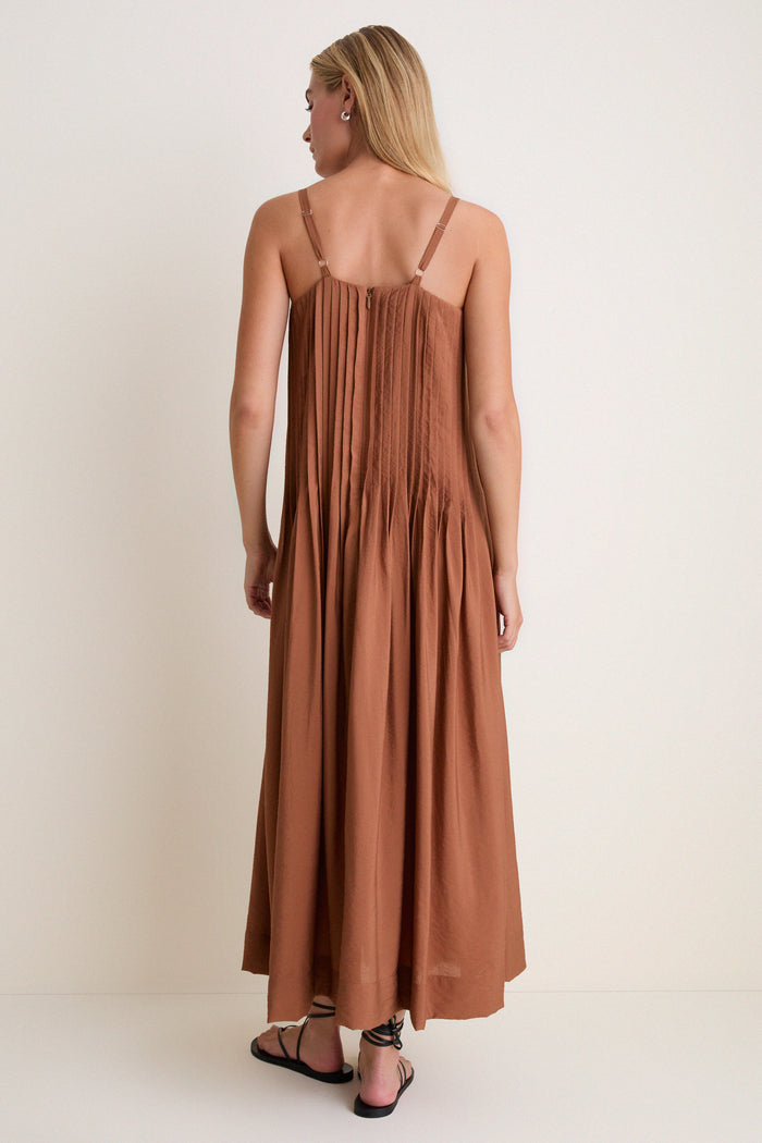 Chocolate V Neck Pleated Front Detail Maxi Dress