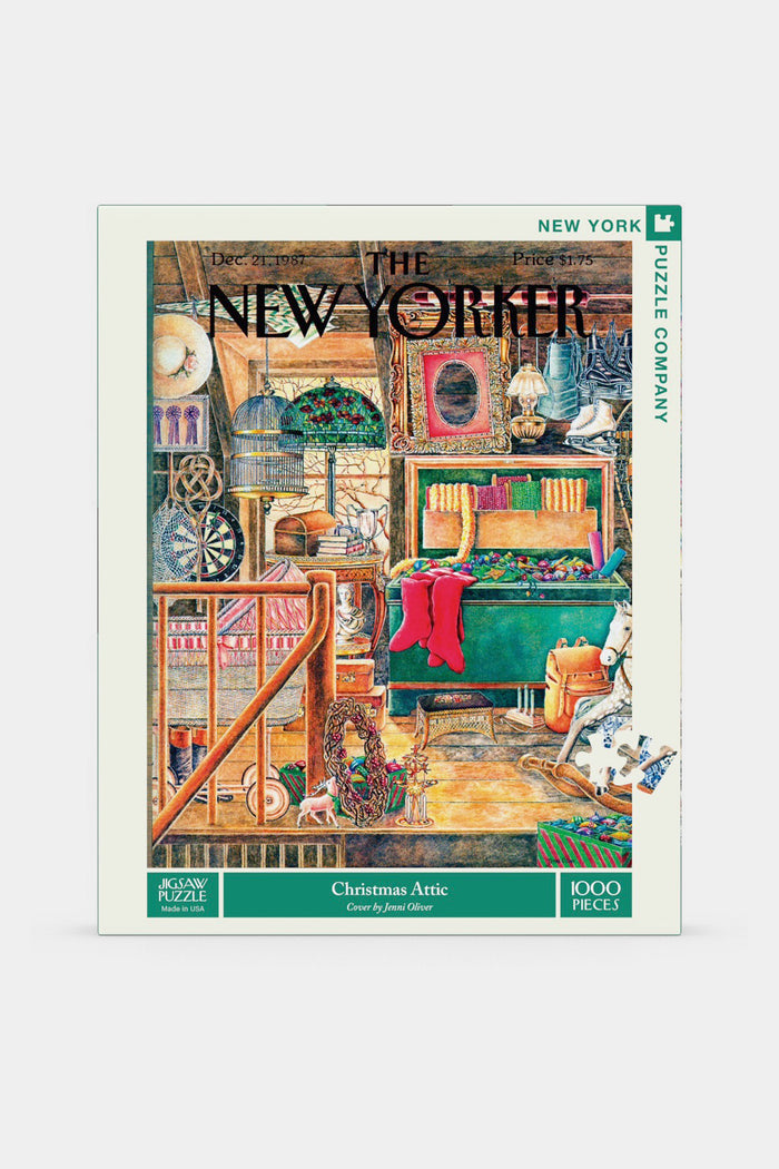 A 1000-piece jigsaw puzzle by New York Puzzle Company featuring a cozy, cluttered attic decorated for Christmas—an ideal holiday gift.